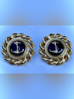 Vintage Gold Tone Navy Blue Enamel Nautical Anchor Rope Pierced Earrings